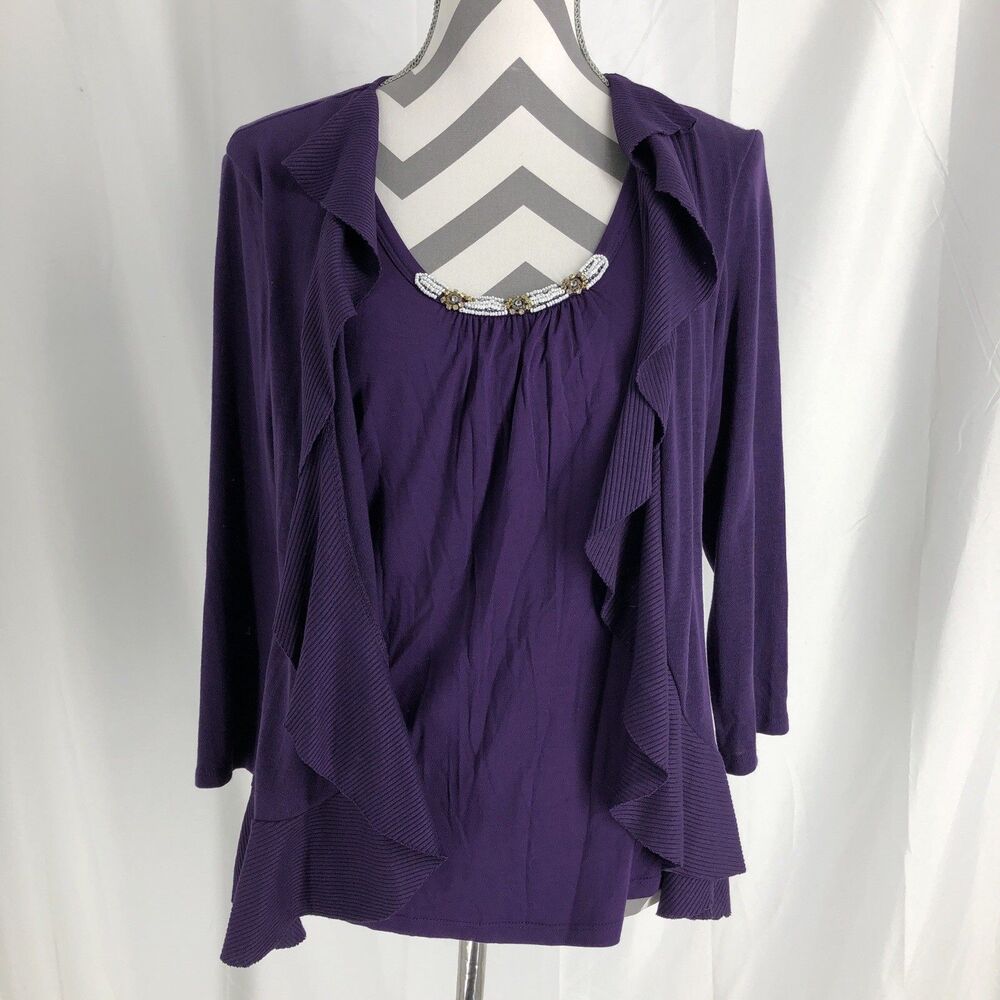 Cable & Gauge Women's Cardigan Sweater Size Large Purple Beaded Neck
